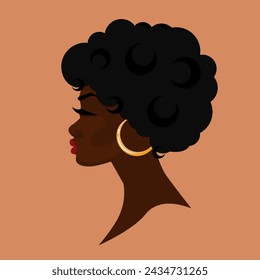 Icono de caricatura rizada de pelo de perfil facial de mujer afroamericana. Logo de la belleza de las mujeres silueta con la moda rizada afro peinado concepto, ilustración vectorial en moderno signo plano