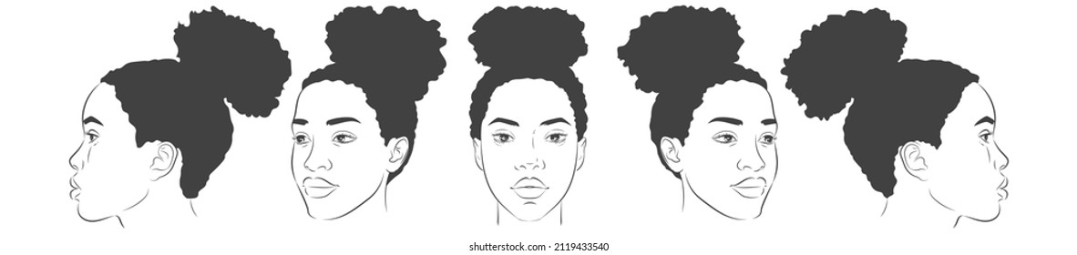 African American woman face  Set dark  skinned women portrait  Different view angles front  profile  three  quarter heads  Vector realistic sketch line illustration