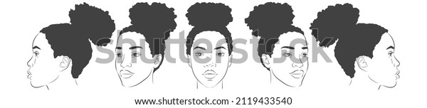 African American woman face. Set\
of dark-skinned women portrait. Different view angles front,\
profile, three-quarter heads. Vector realistic sketch line\
illustration
