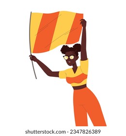 African American Woman Fan Character with Red Orange Flag Cheering for Sport Team Vector Illustration