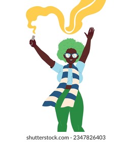 African American Woman Fan Character in Green Hat with Scarf and Smoke Flare Cheering for Sport Team Vector Illustration