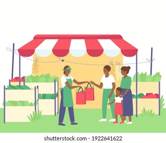 African American Woman Farmer Sells Vegetables To The Family. Children Need Fresh Vegetables. Fresh Tomatoes, Cucumbers, Peppers, Herbs Are Sold In Boxes. Flat Vector Illustration.