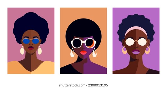 African American woman fashion pop art pastel color portrait minimal poster set vector flat illustration. Modern Afro female face artwork concept of sisterhood support feminism rights equality