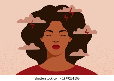 African American Woman Feels Anxiety And Emotional Stress. Depressed Black Girl Experiences Mental Health Issues. Concept Of Psychological Problem. Vector Illustration.