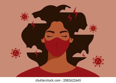 African American woman feels anxiety and emotional stress. Depressed black girl with gloomy thoughts surrounded virus breathes through a protective mask. Mental health problems in pandemic.Vector