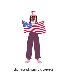 african american woman in festive hat holding usa flag girl celebrating 4th of july independence day concept full length isolated vector illustration