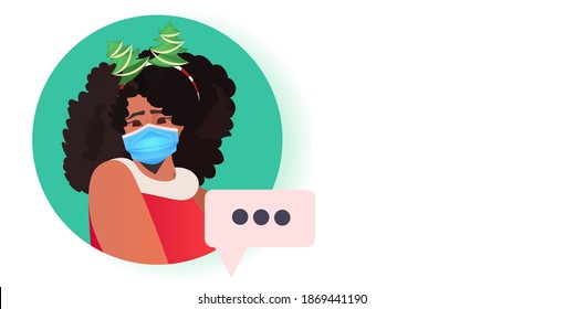 african american woman in festive hat wearing mask to prevent coronavirus pandemic new year christmas holidays celebration online communication concept portrait horizontal vector illustration