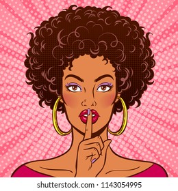 African american woman with a finger on lips. Silence gesture. Pop art vector comic illustartion.