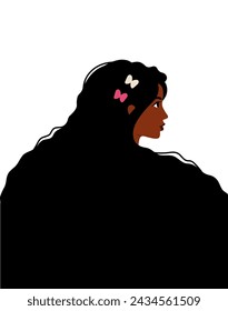 Mujer afroamericana con el pelo que fluye. Avatar, bandera del día internacional de la mujer. Chica fuerte y valiente y movimiento feminista. Copiar espacio. Vista lateral. Retrato de mujer joven. Ilustración de vector