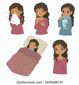 African American woman with flu sickness, cartoon character. Flu season vector set