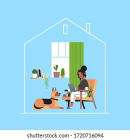 african american woman freelancer using laptop working at home during coronavirus quarantine self-isolation social distancing concept modern living room full length vector illustration