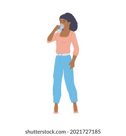 African american woman or girl cartoon character standing and drinking water, flat vector illustration isolated on white background. Water balance and drinking.