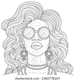 
African American woman in glasses and jewelry.Coloring book antistress for children and adults. Illustration isolated on white background.Zen-tangle style. Hand draw