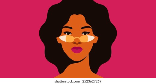 African American woman in gold sunglasses looks to the camera. Portrait of beautiful strong girl on pink background, front view. Fashion Vibrant female face with make up in eyewear. Vector illustratio