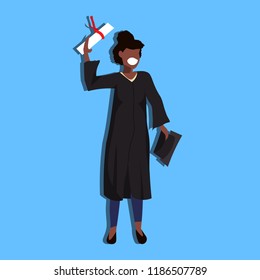 african american woman graduated gown holding cap diploma student education concept happy lady female cartoon character full length blue background flat vector illustration