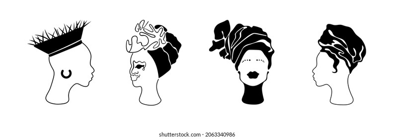 African american woman hand drawn set. Turban tribal  decoration.Accessories element.Isolated on white. Africa art.Portrait  girl hairstyle. Black silhouette ethnic decor.tribal 