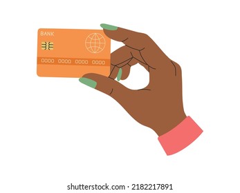 African american woman hand holds a credit card. Cashless payment, virtual money for business, banking. Hand drawn colored vector illustration isolated on white background. Modern flat cartoon style.