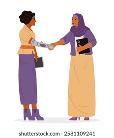 African American woman with hand prosthesis shaking hands with Arabian woman with tablet flat vector illustration isolated on white. Inclusive office concept.