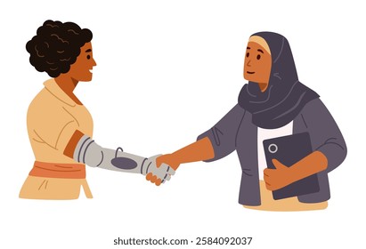 African American woman with hand prosthesis shaking hands with Arabian woman in hijab with tablet flat vector illustration isolated on white. Inclusive office concept.