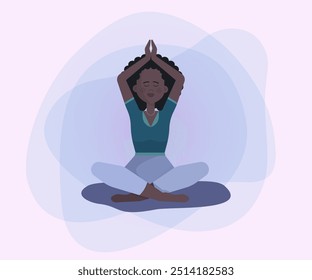 African American woman with hands up meditating. Pretty woman sitting in lotus pose flat vector illustration. Yoga, stress relief, recreation concept for banner, website design or landing page