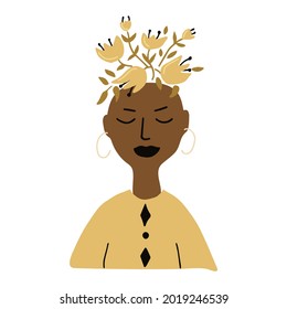 African american woman in harmony with herself. Mental health concept. Cartoon hand drawn vector illustration isolated on white background