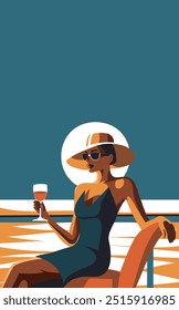 African American woman in hat with glass on sunset background on vacation. Tourism, fashion vector illustration with place for text for advertising banner, poster, party invitation