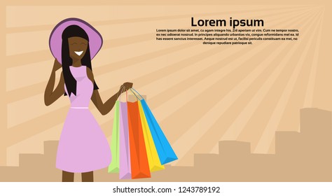 african american woman hat holding paper bags successful shopping concept female cartoon character portrait flat copy space horizontal