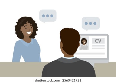 African american woman having a job interview in the office, HR agent talking with job applicant. Recruitment process, we are hiring. flat vector illustration