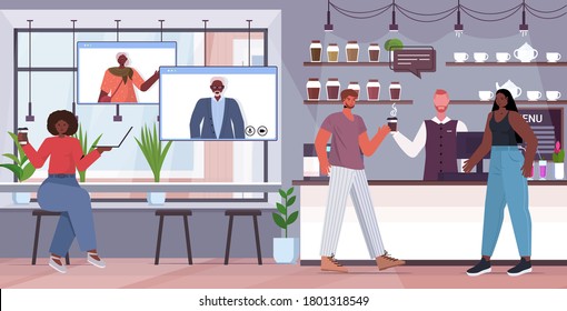 african american woman having virtual meeting with senior parents in web browser windows video call online communication concept cafe interior horizontal full length vector illustration