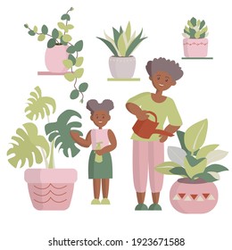 African american woman and her dayghter watering houseplants Vector cartoon flat illustration