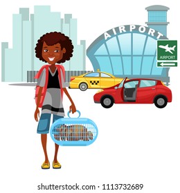 African American Woman and her luggage came by taxi car and ready to flight, auto transfer to airport vector illustration, girl holding pets for airline travel