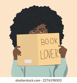 African american woman hiding behind a book. Book lover concept. Vector illustration