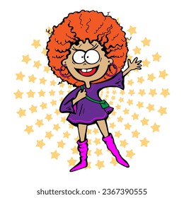 African american woman as hippie in 80s disco waving her hand in greeting. Vector illustration in doodle style. Crazy girl with big eyes and fashionable boots with shoulder bag