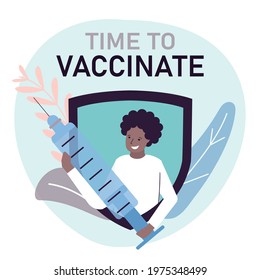 African American woman hold syringe with dose of antiviral drug. Black girl in front of shield with hypodermic. Time to vaccinate. Vaccination of patients against coronavirus. Flat vector illustration