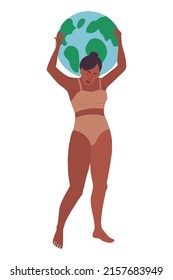 African american woman hold the world globe. Girls rule the world. Women power. The future is female. Racism, feminism, womens day, gender equality, body positive, Earth day concepts. 
Flat Vector