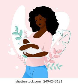 African american woman is holding a baby with tenderness on floral background