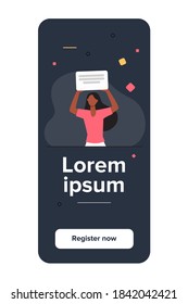African American woman holding banner with text. Disagreement, information, attention flat vector illustration. Demonstration and position concept for banner, website design or landing web page