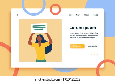 African American woman holding banner with text. Disagreement, information, attention flat vector illustration. Demonstration and position concept for banner, website design or landing web page
