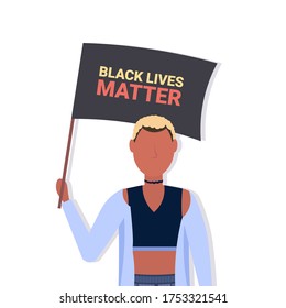 african american woman holding black lives matter flag awareness campaign against racial discrimination of dark skin color support for equal rights of black people portrait vector illustration