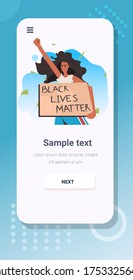 african american woman holding black lives matter banner campaign against racial discrimination of dark skin color social problems of racism smartphone screen vertical copy space portrait vector