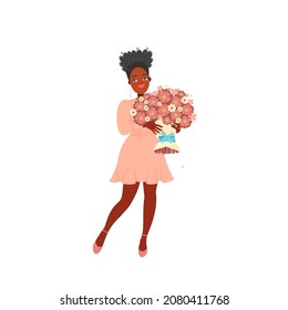 African American woman holding a bouquet of flowers.
Greeting women on a holiday. March 8, Valentine's Day. Vector illustration in a flat style.