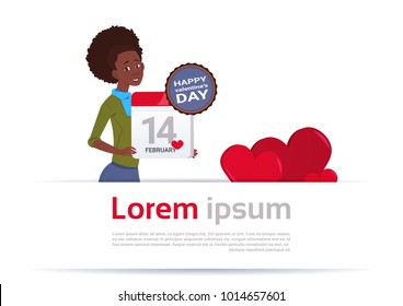 African American Woman Holding Calendar Page 14 February Happy Valentines Day Concept Flat Vector Illustration