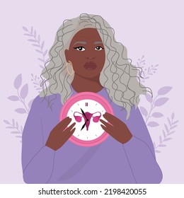 African american woman holding clocks. Menopause concept. Vector illustration