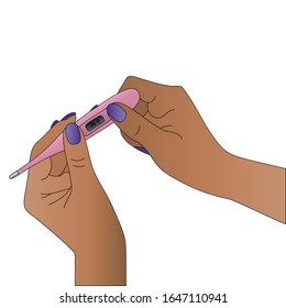 African American woman holding an electronic thermometer in her hands. Color vector illustration. Measure the temperature. Result 36.6. Isolated background. Dark skin. Cartoon style. Medical topics. 