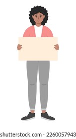 African American woman holding empty poster in her hands. Template for awareness banner, advertising or peace demonstration themes. Vector illustration in flat style isolated on white background.