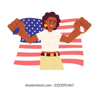 African american woman holding american flag semi flat colorful vector character. Independence day USA. Editable half body person on white. Simple cartoon spot illustration for web graphic design