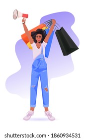 african american woman holding loudspeaker and shopping bags black friday big sale promotion discount concept full length vertical vector illustration