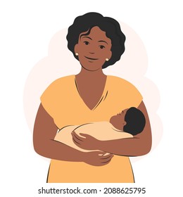 Una mujer afroamericana sostiene a un bebé recién nacido. Familia, salud, atención, concepto de maternidad. Ilustración vectorial plana.