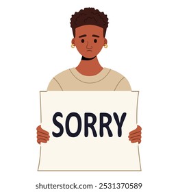 African American woman holding sign saying SORRY illustration isolated on white background