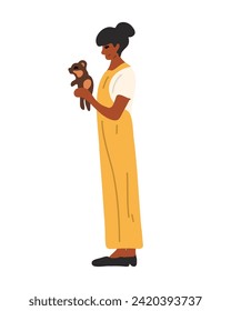 African American woman holding a small dog in her arms, vector illustration
